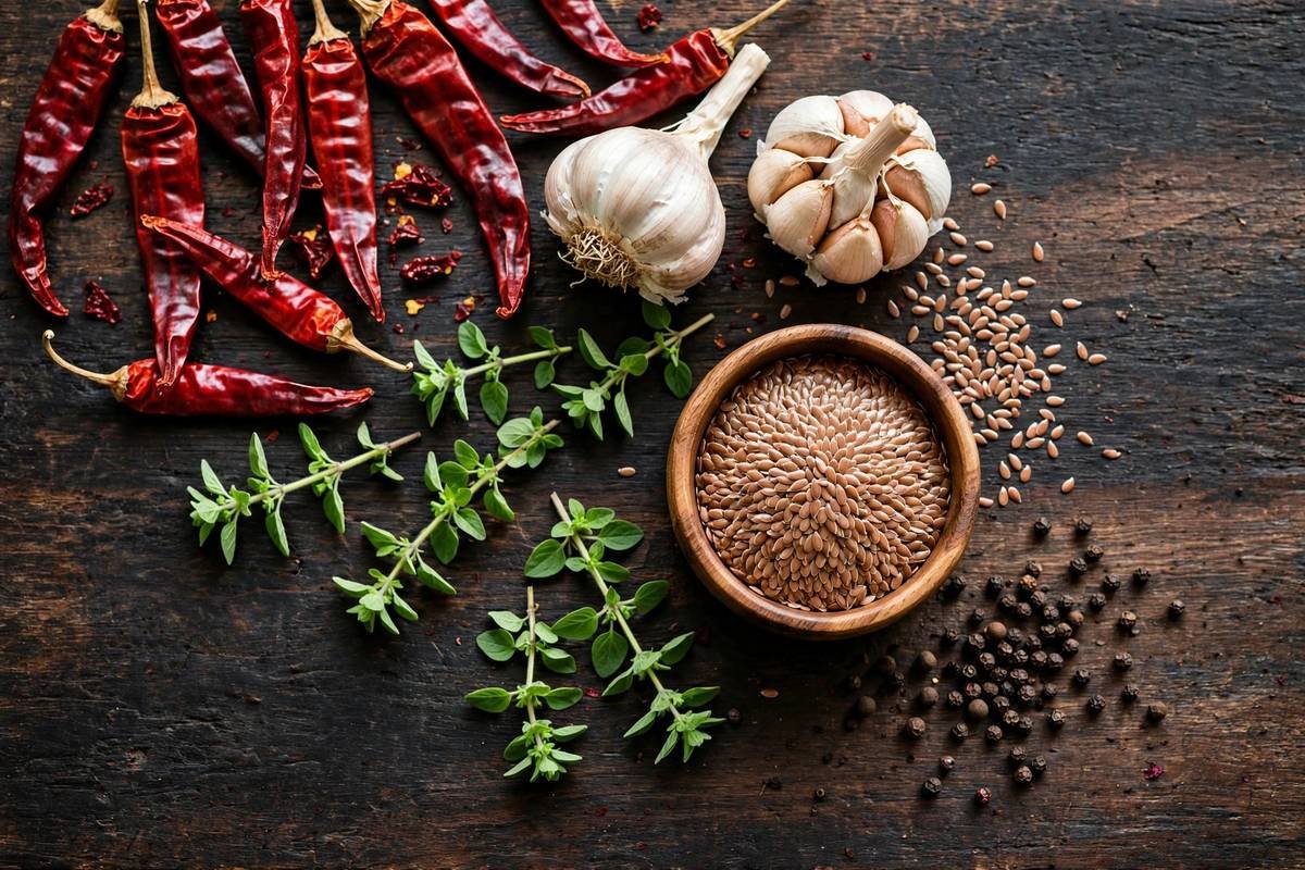 Dried botanical ingredients including fennel — DEWORVA herbal poultry supplement