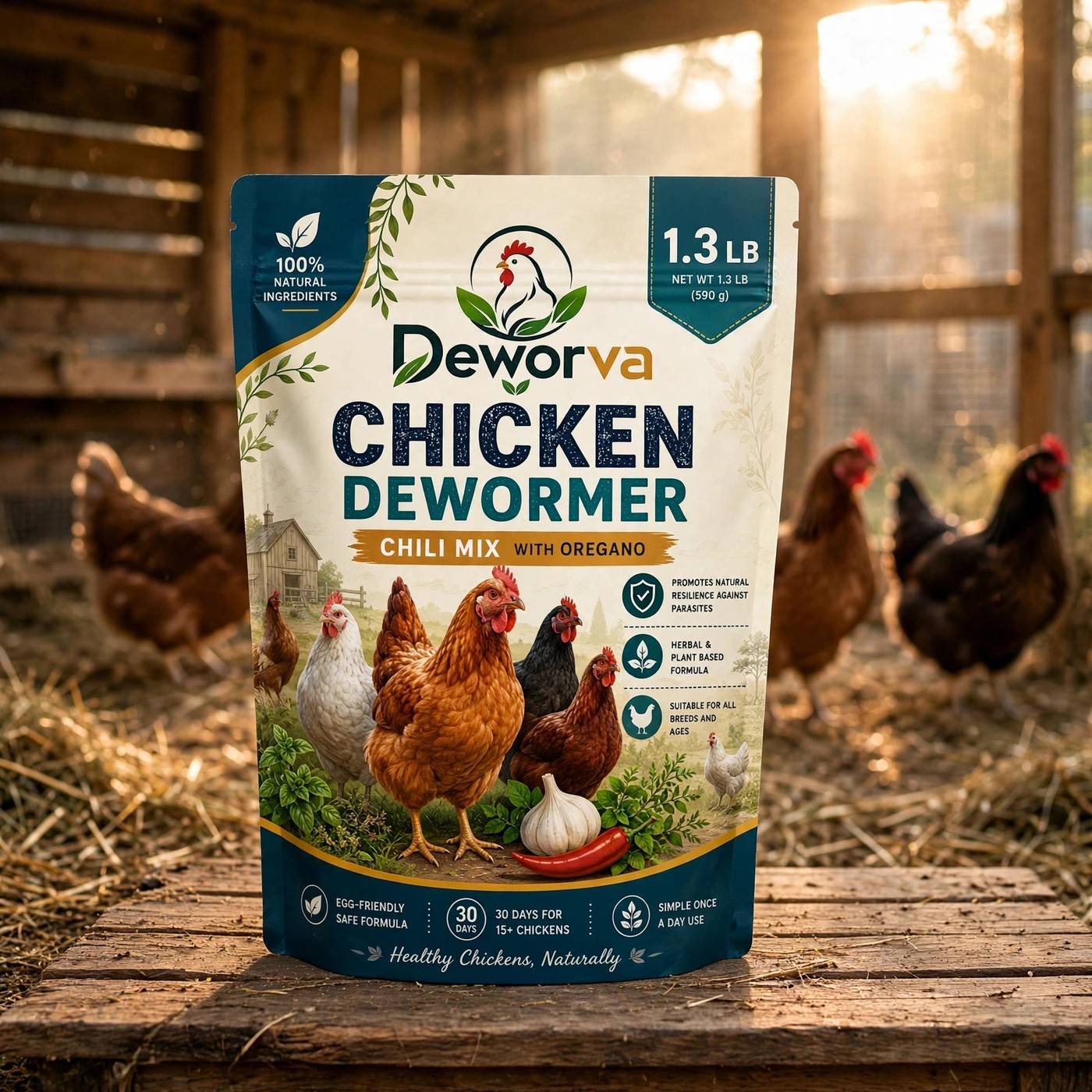 DEWORVA Chicken Dewormer for Poultry — herbal poultry supplement, 1.3 lb (590 g) bag