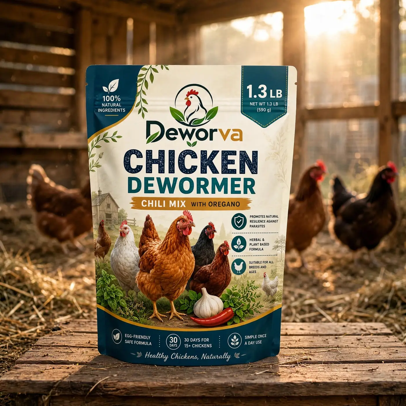 DEWORVA herbal poultry supplement bag in a chicken coop